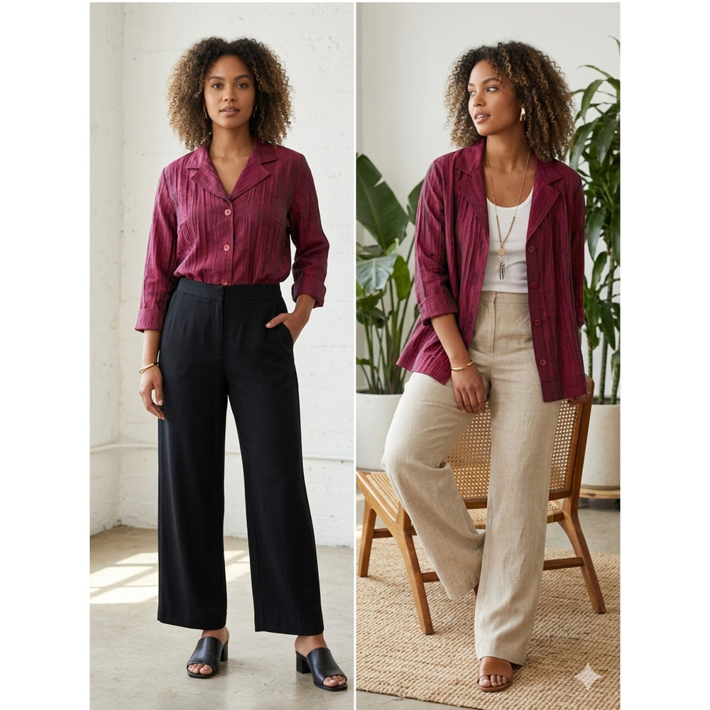 Citron Santa Monica Linen Blend Crinkle Jacket Top Burgundy Shimmer Lagenlook -L